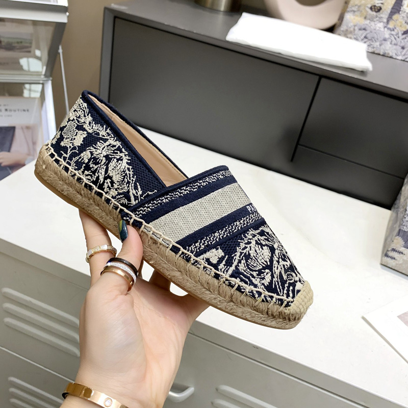

Woman Espadrille Sneaker Embroidered Cotton Shoes Deep Blue Black Embroidery Shoe Signatures On The Upper Lady Canvas Sneakers Rope wedge and Thin Rubber Sole