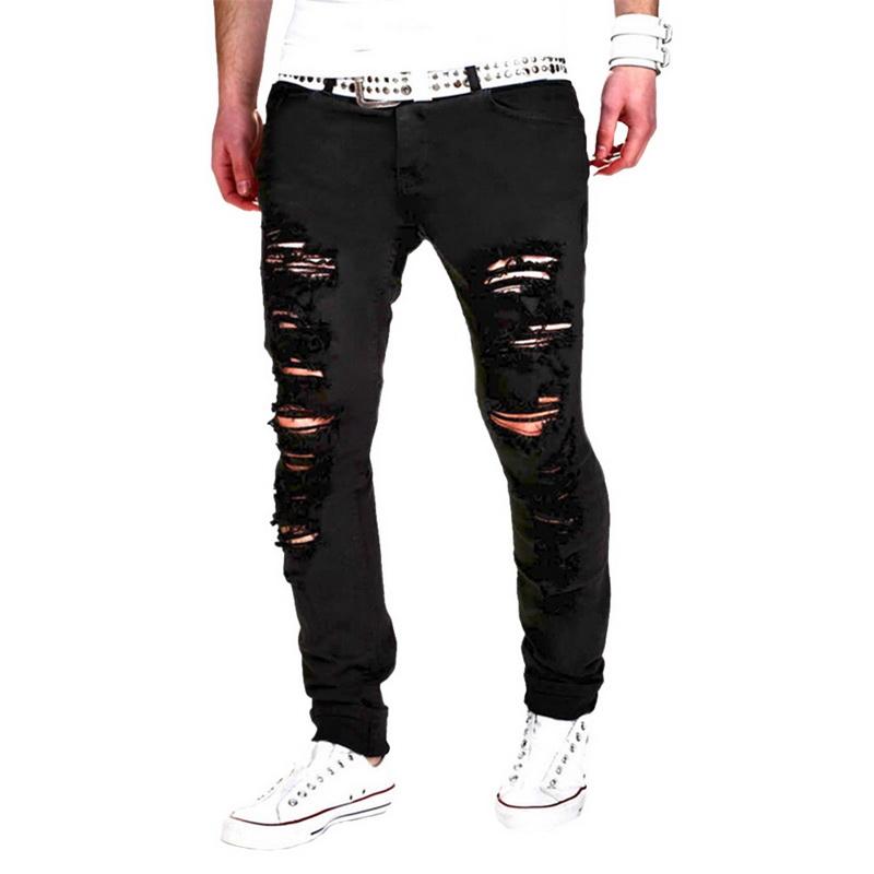 

Vogue Black Cotton Biker Jeans Men Denim Pants Distressed Slim Fit Casual Trousers With Hole Skinny Jeans Male Streetwear, White