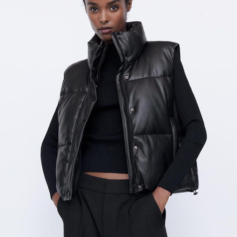 

2021 New Autumn Winter Faux Leather Vest Women Fashion Zipper Sleeveless Coat Tops Female Casual Short Cold Outwear Ladies Av18, Beige