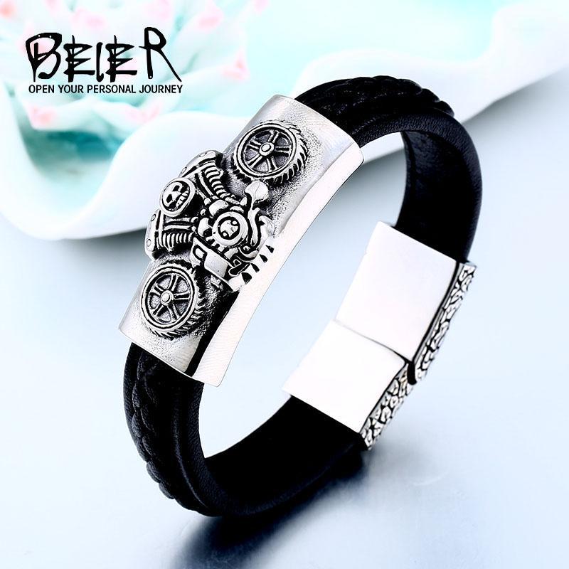

BEIER New Wholesale Dropshipping Man's High Quality Genes Leather Skull Biker Motorcycle Bracelet Bangle Party Jewelry BC-L0021