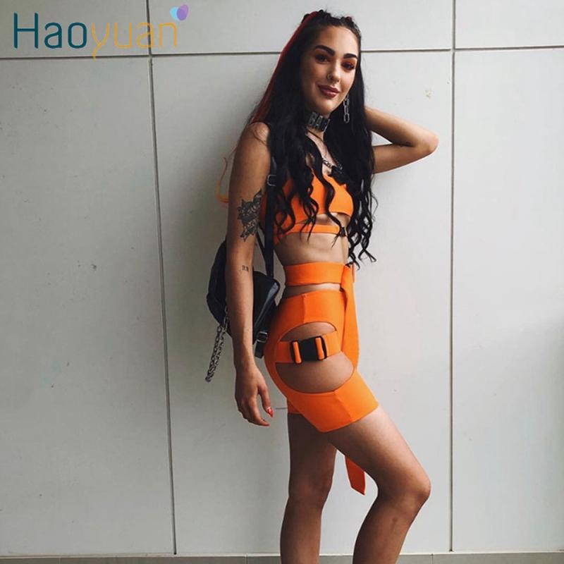 

HAOYUAN Neon Green Two Piece Set Tracksuit Women Summer Top and Biker Shorts Rave Festival Sexy Club Outfits 2 Pcs Matching Sets