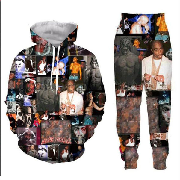 

Wholesale--New Fashion Men/Womens Tupac 2Pac Sweatshirt Joggers Funny 3D Print Unisex Hoodies+Pants R01, Gray