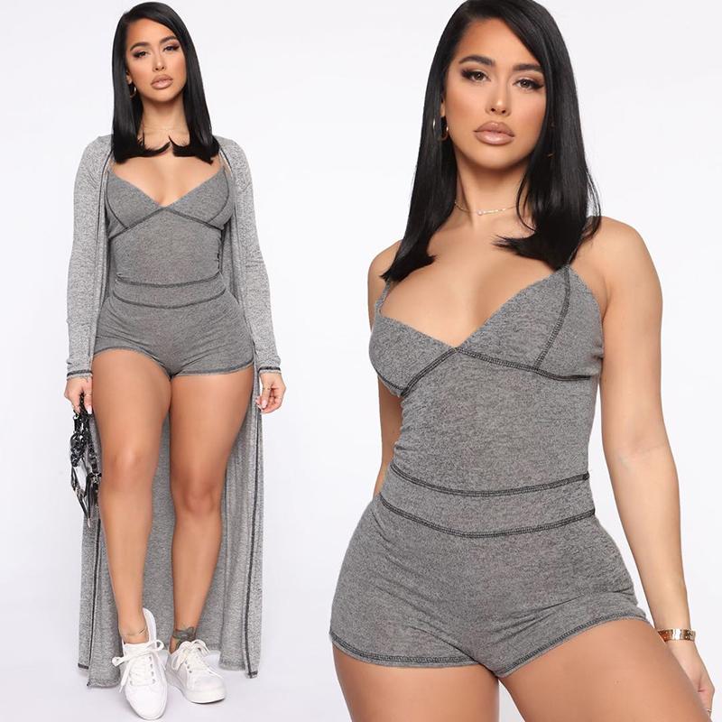 

Free Shipping New sexy deep V low chest hip jumpsuit sleeveless one piece set clothing for women fitness gray fashion flexible