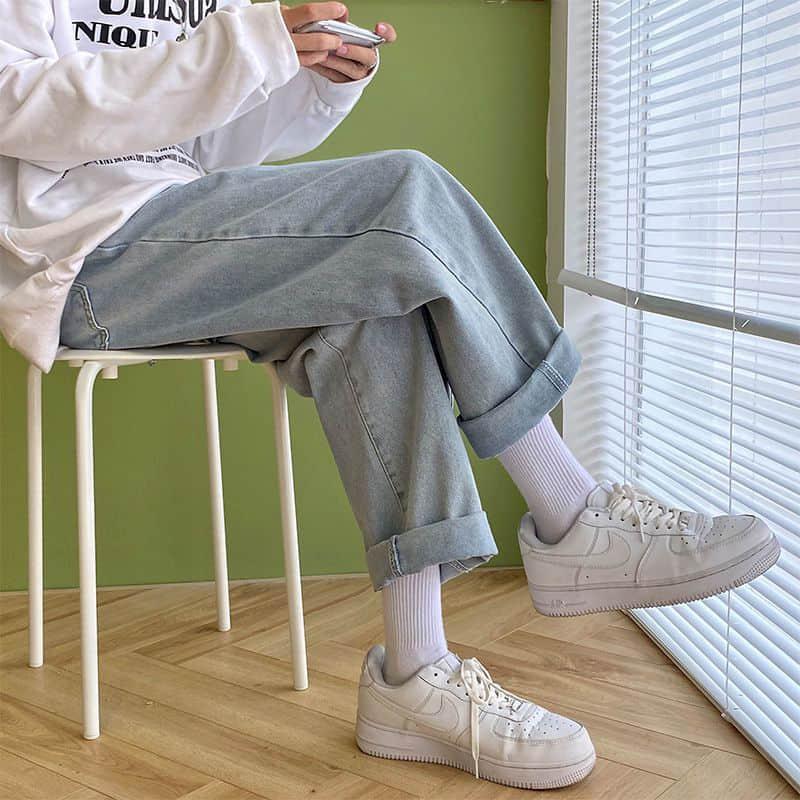 

Jeans women's simple Harajuku winter plus velvet thickened high waist thin all-match straight wide-leg loose old pants hip hop, Light blue