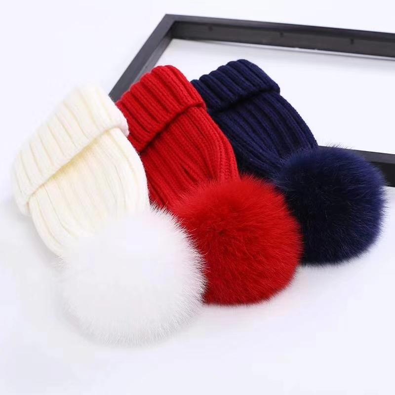 

Thick Warm Winter Slouch Wholesale Real Fur Pompoms Wool Women Custom Beanie Hat