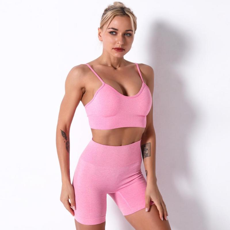 

2 Piece Women Short Sleeve Yoga Set Vital Seamless Sport Suit Gym Clothes Fitness Crop Top Shirt High Waist Shorts Sportswear, Short sleeve beige