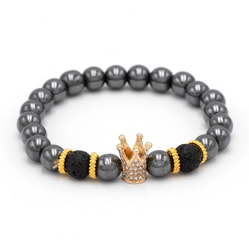 

2021 CZ Crown Men Bracelets Fashion 8mm Hematite Stone Bead Charm Bracelet Bangle For Men Women Punk Jewelry Gift