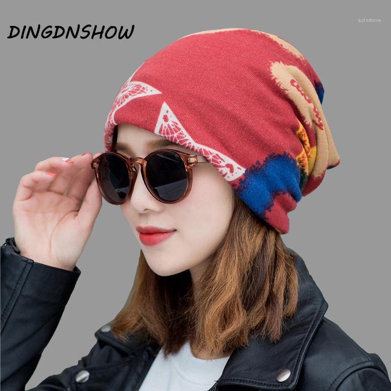 

[DINGDNSHOW] 2020 Brand Beanies Hat Cotton Lady Bonnet Hat Print Colors Velet Winter Cap Skullies for Women1, Coffee adult