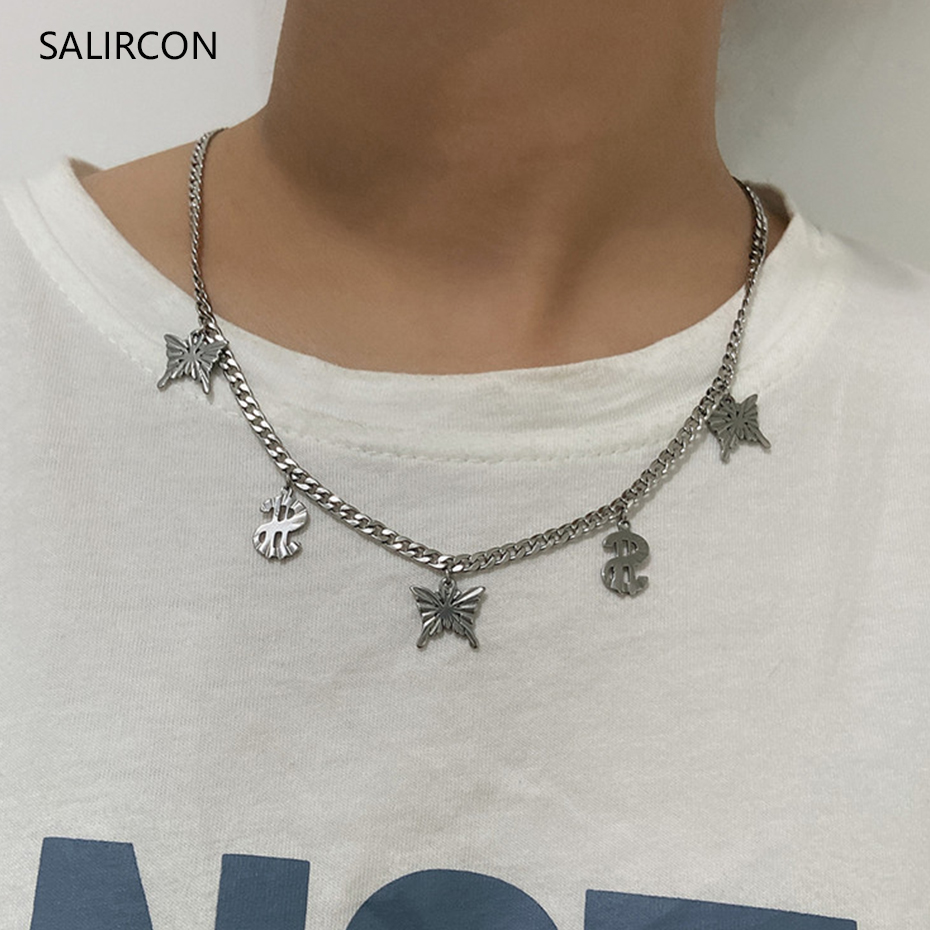 

Salircon Vintage Punk Dollar Sign Butterfly Pendant Necklace Goth Silver Color Stainless Steel Long Necklace Women Jewelry 2020
