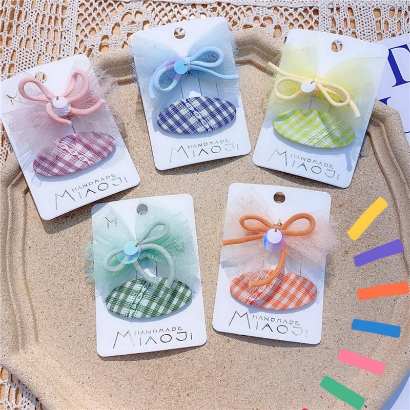 

2 Pcs New Children Simple Beautiful Colorful Mesh Bow Hairpin Sweet Girl Fashion Fabric Plaid Oval BB Clip Hair Accessories1