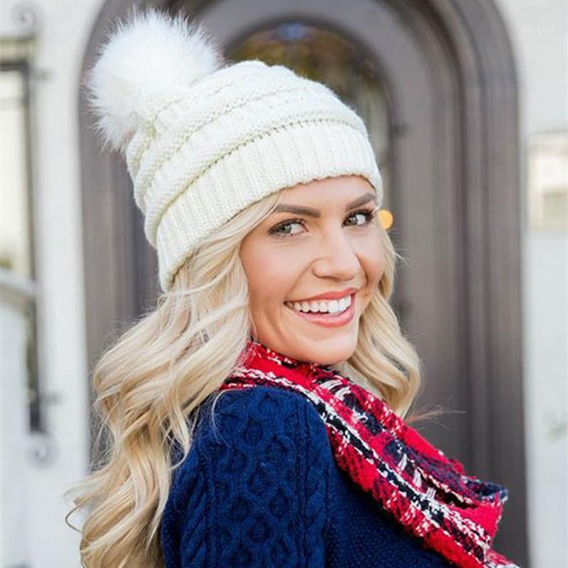 

Beanie/Skull Caps KENSHELLEY Women Knitted Slouchy Beanie Chunky Baggy Hat With Faux Fur Pompom Winter Soft Warm Ski Hat1, White