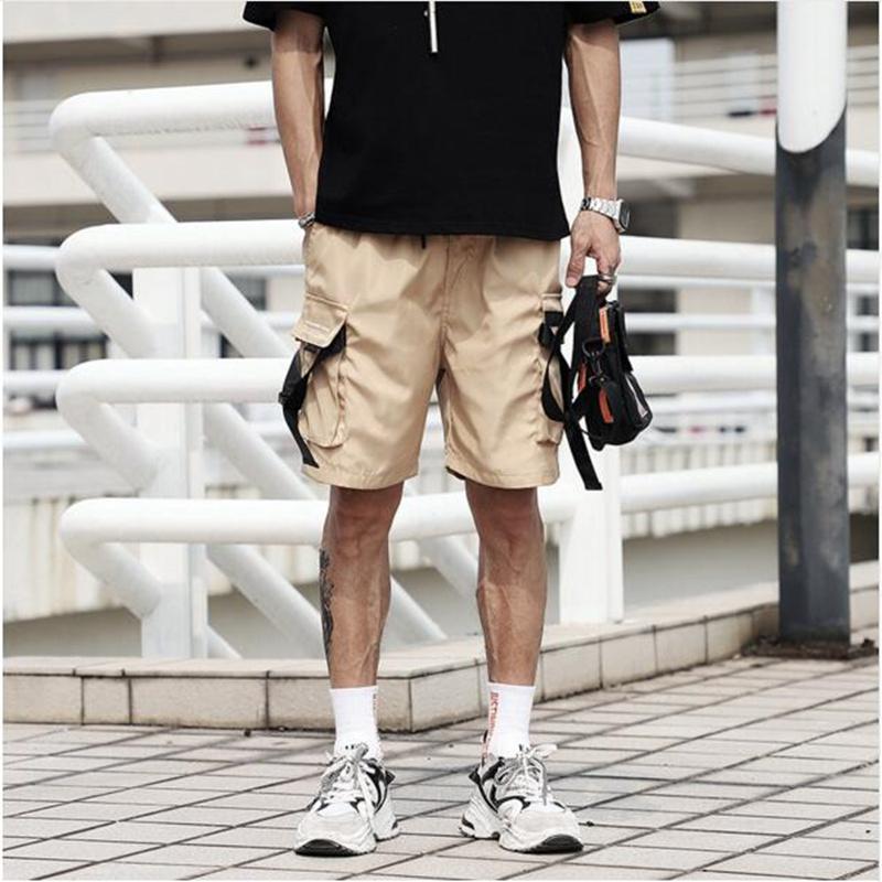 

2020 Newest good quality men summer side ribbons multi pockets cargo pants hip hop punk short pants mens casual joggers, Black