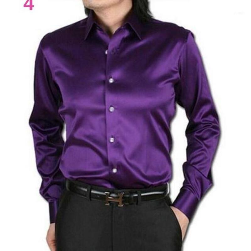 

Men's Dress Shirts Wholesale- Men Shirt Custom Casual Suits Silk Satin Long Sleeve Fashion Style Groom Purple Color1, Blue