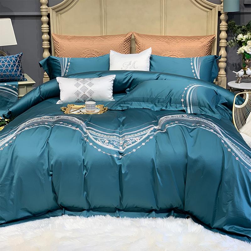 

New Luxury 1000TC Egyptian Cotton Exquisite Embroidery Blue Duvet Sheet Bedding Set Fitted Pillowcases Cover Bed Champagne Linen