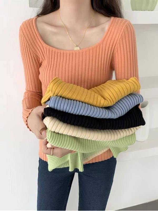 

womens thin knit wear Square Collar knitted sweater slim fit bottoming top Korean style female long sleeve topping autumn winter1, Black