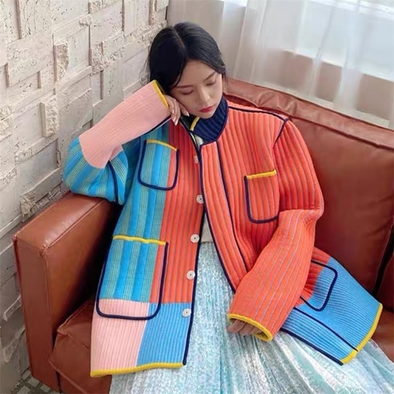 

[EWQ] Winter Women New Loose Coats Single Breasted Versatile Long Sleeve Panelled Top Knitted European Queen Jacket 8D1078 201210, Picture color