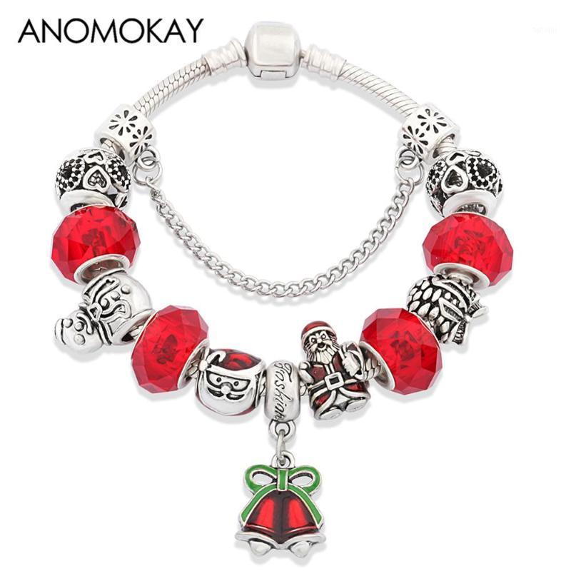 

Anomokay New Red Crystal Christmas Charm Bracelet Red Enamel Chrismas Santa Bead Bracelet Heart Snowman for Xmas1