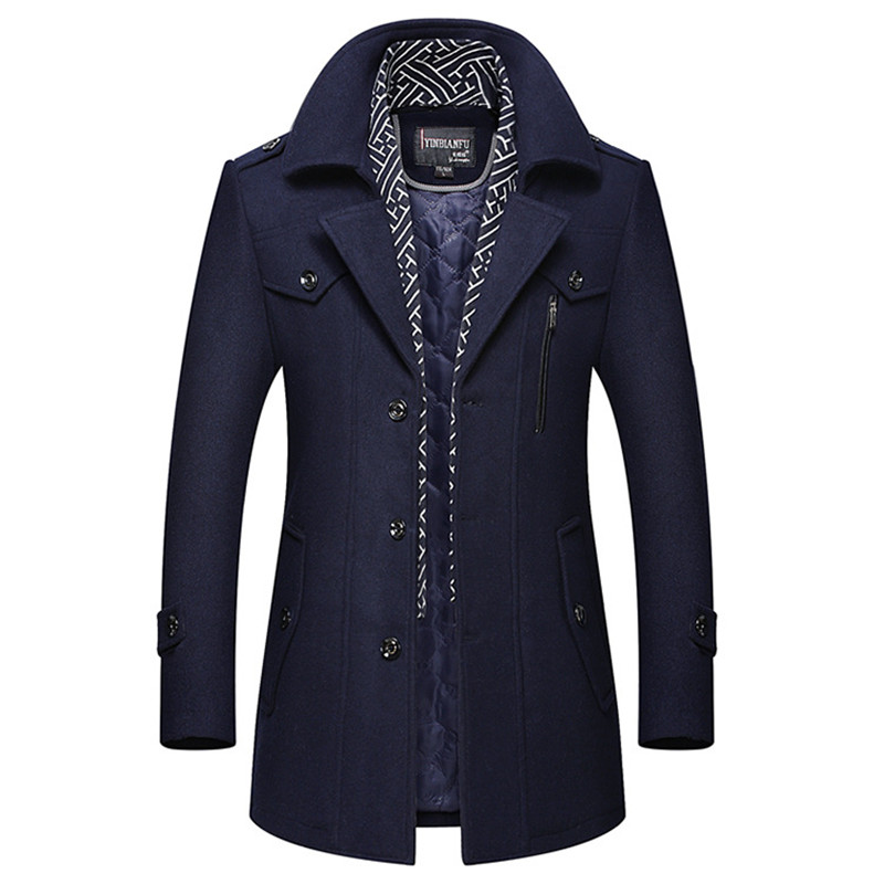 

Men Designer Winter Wool Long Trench Coats Mens Thick Warm Wool Blends Woolen Pea Coat Scarf Decoration Male Trench Coat Overcoat 4XL, Dark blue