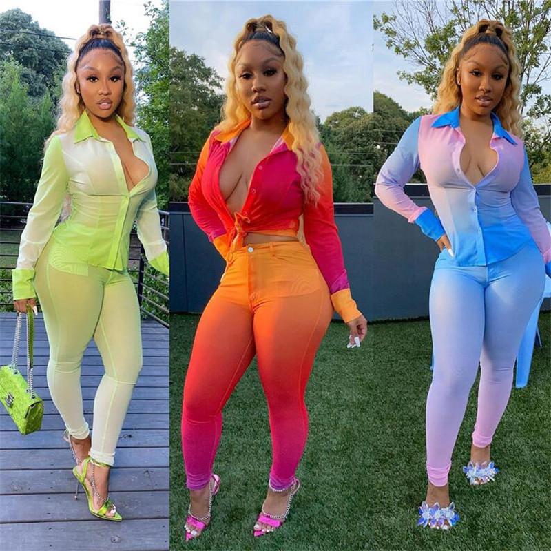 

Casaul Gradient Two Piece Set Women Tracksuit Autumn Clothes Button Crop Top And Long Pants 2 Pieces Outfits Elegant Sweat Suits