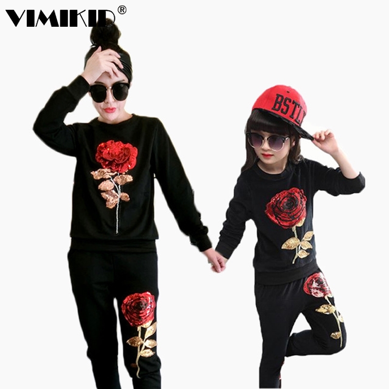 

New Winter Style Family Matching Outfits Mother And Daughter Long Sleeve Rose Floral Sweatshirt+Pants 2Pcs Suit k1 201128, Black