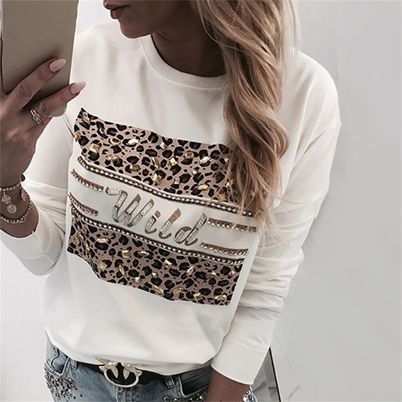 

White Jumper Womens Casual Leopard Sweatshirt Autumn Long Sleeve New Female Reinstone Letter Printed Hoodie Pullovers D30 201216, Black
