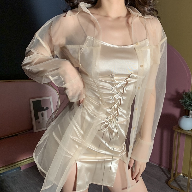 

2021 New Summer Naked Autumn Transparent Fio Net Long Single Shirt Sexy Voile High Street Fashion Joker Women Bluffs OPVZ