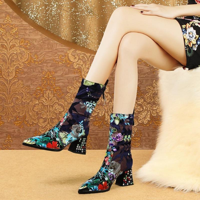

Womens Ankle Boots Stretchy Printed Floral Mixed Colors Genuine Leather Block High Rhinestones Crystal Heel Shoes Pointed Toe, Green