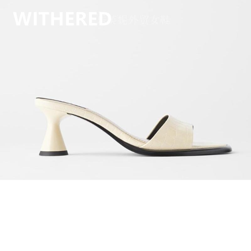 

Withered 2020 SS england office lady simple solid casual mules shoes heels shoes woman women women slippers, Beige