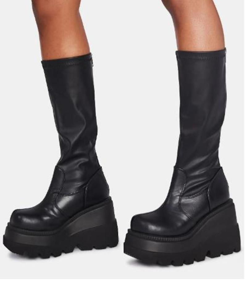 

Ladies Fashion Platform Boots Chunky Heel Wedges Mid Calf Women Boots Casual Brand Thick Bottom Winter Shoes Woman, Black