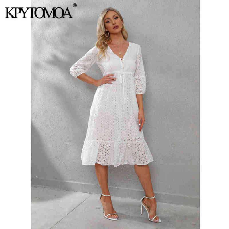 

KPYTOMOA Women 2021 Chic Fashion Hollow Out Embroidery Midi Dress Vintage Three Quarter Sleeves Drawstring Female Dresses Mujer G1223, As picture