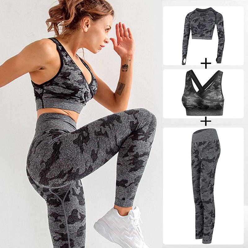 

Camouflage Yoga Suit 3 Piece Set Women Tracksuit Yoga Pants Long Shirts Push Up Sports Bra Clothing Women Gym Wear Workout, 01
