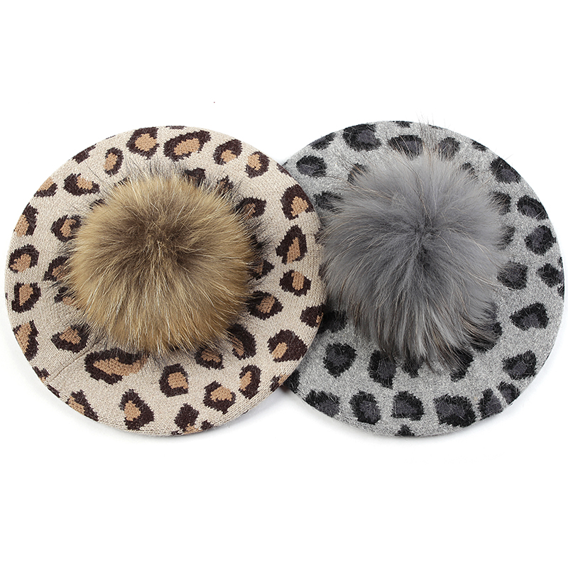 

Berets Women Fashion Leopard Print Beret Hat Slouchy Winter French Style Bonnet Caps For Girls Lady Female Adult With Real Fur Pompom, Brown a