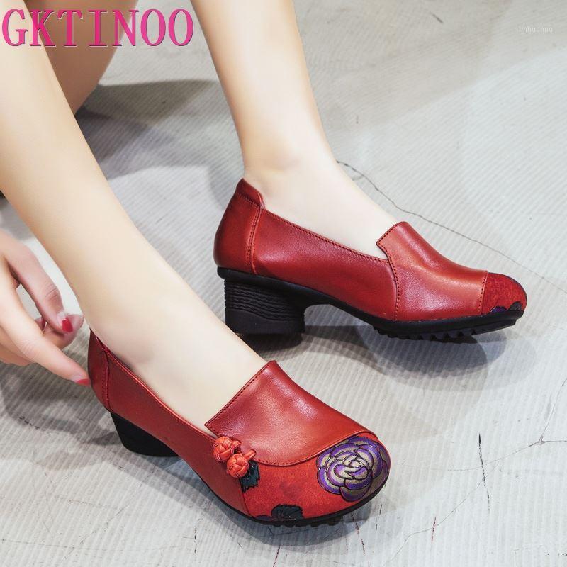 

GKTINOO Spring Autumn National Style Women Pumps Printing Flowers Round Toe Genuine Leather Women Thick Heel Shoes Big Size 411, 739 black