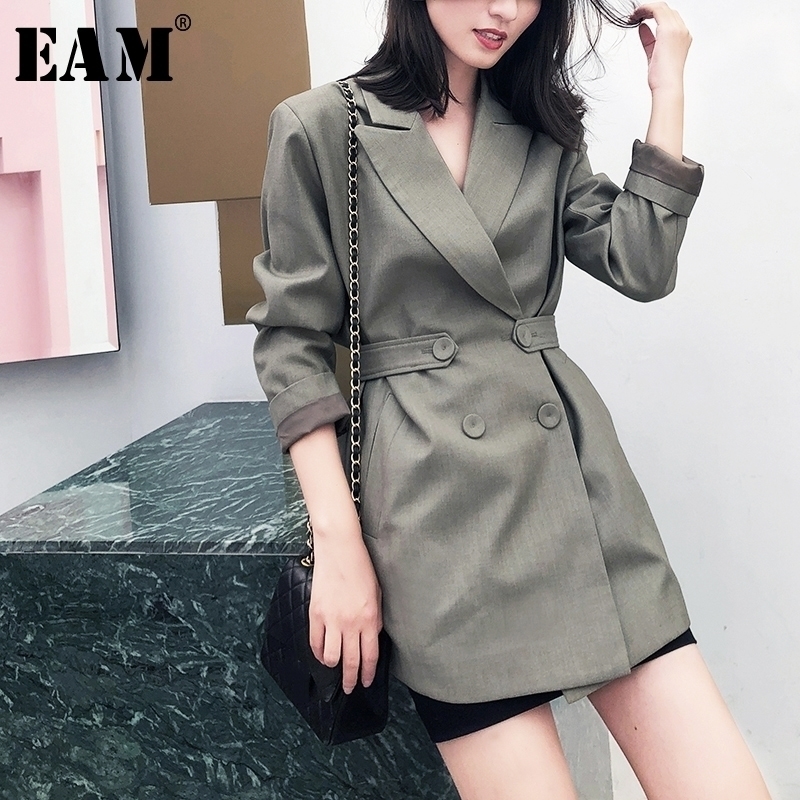 

[EAM] Women Green Button Split Leisure Blazer New Lapel Long Sleeve Loose Fit Jacket Fashion Tide Spring Autumn 1W5160 201201, Gray green