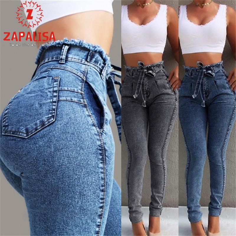 

Zapalisa Solid Spliced Skinny High Waist Washed Jeans Tassel Pocket Decor Leisure Streetwear Femininas Sashes Bandage Pants, Gray