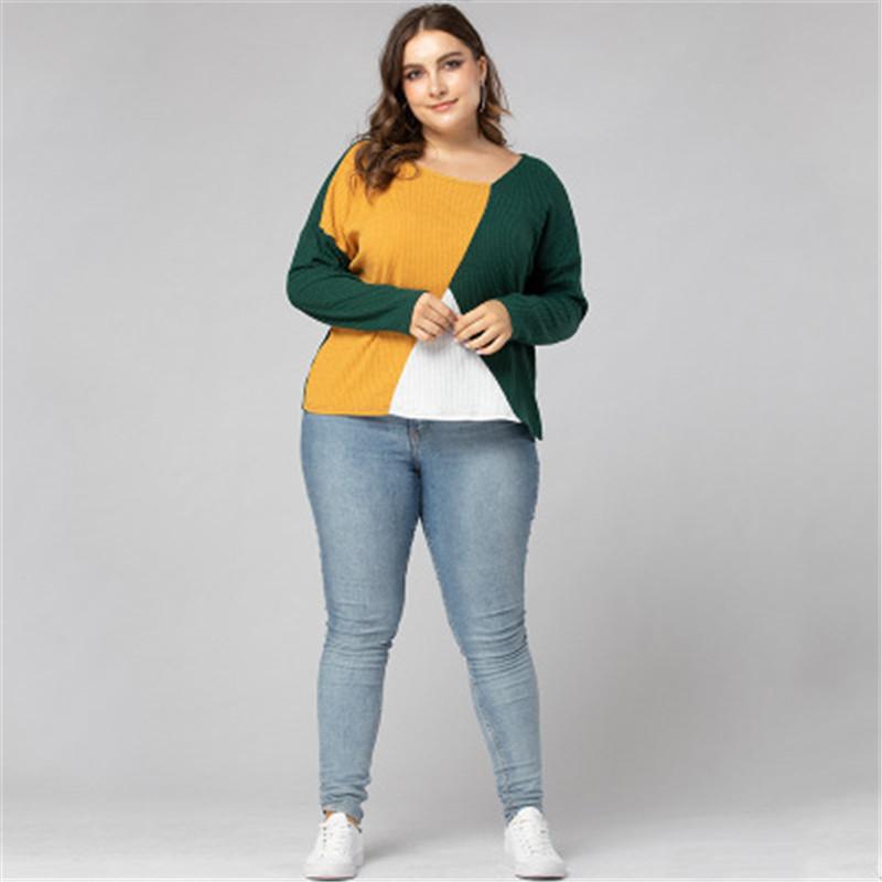 

Ladies Color Splicing Sweater Fashion Trend Round Collar Long Sleeve Loose Knit Tops Designer Female Autumn New Casual Pullover Sweaters, Green