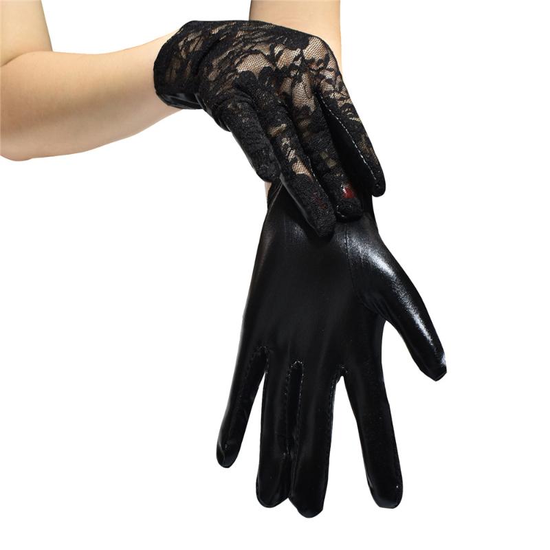 

Five Fingers Gloves Female Black Short Patent Leather Lace Stitching Punk Style Play Costume Accessories Mittens Cool Bar Jumping