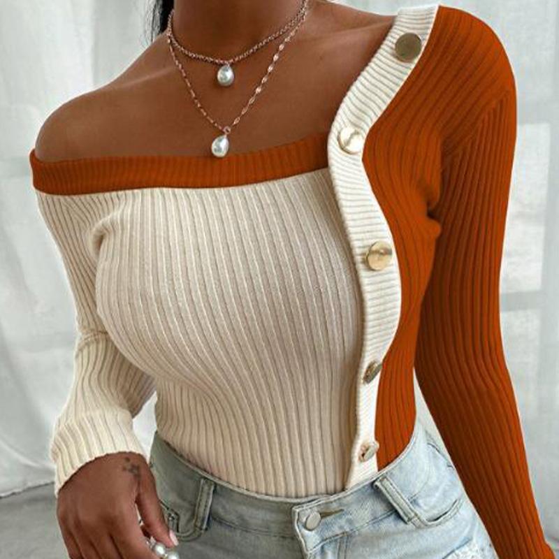 

Women' Sweaters Sexy Patchwork Knitted Slim Skew-collar Button Long Sleeve Female Sweater 2021 Autumn Fashion Lady Pullover, Black