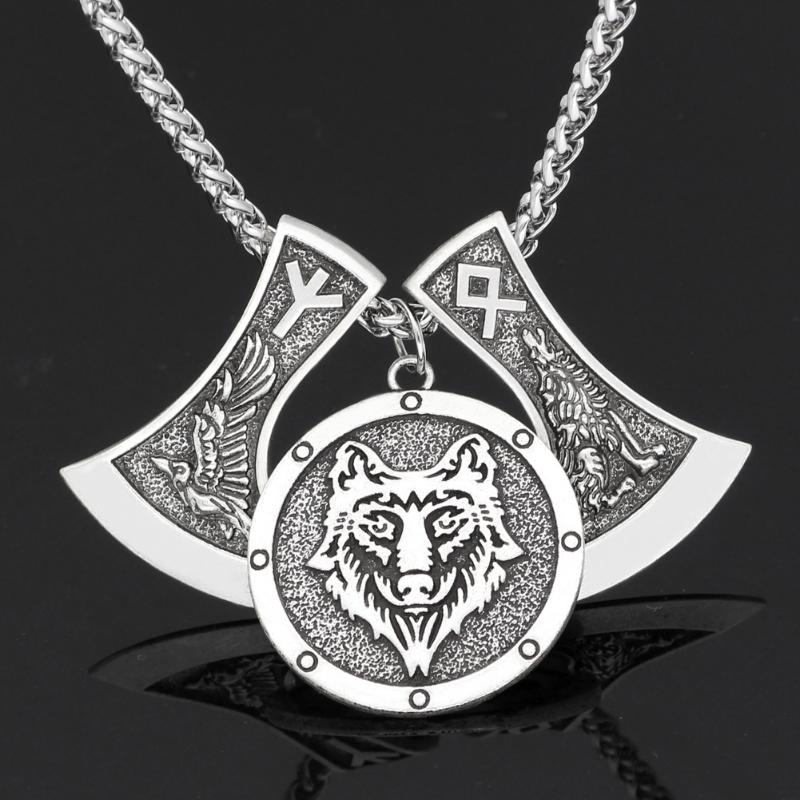 

Men viking nordic odin's wolf and raven rune pendant necklace