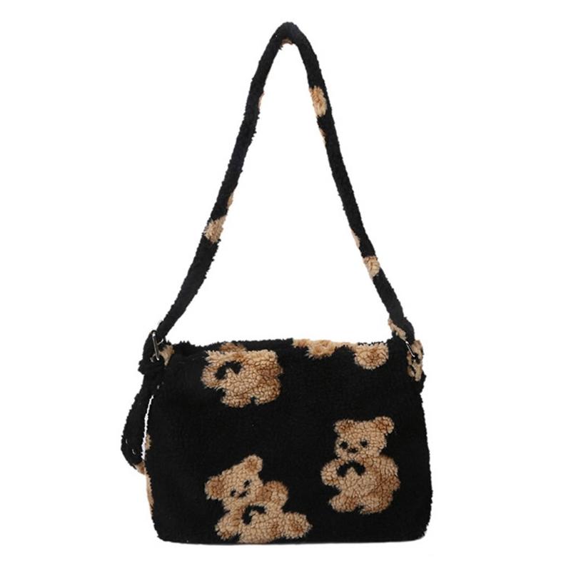 

Women Lamb Like Fabrics Shoulder Crossbody Purse Fluffy Fur Bear Handbags 20CA, Black
