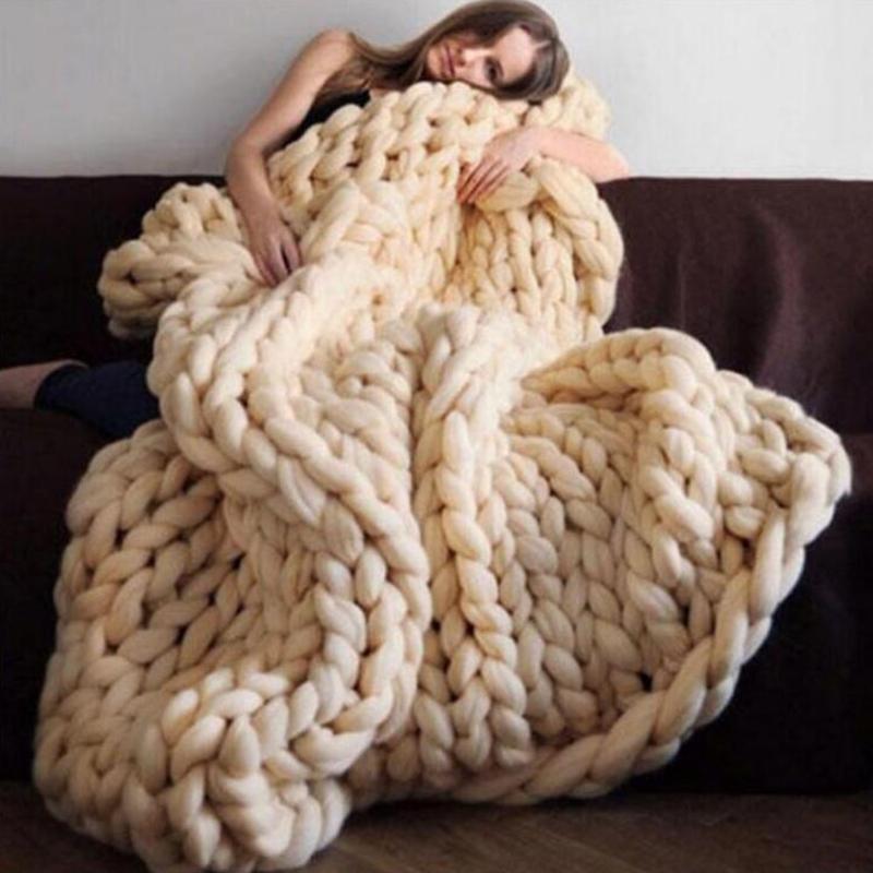 

Fashion Hand Made Chunky Merino Wool Blanket Thick Big Yarn Roving Knitted Plaid Blanket Warm Throw For Sofa Plaid Cover