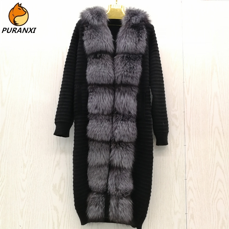 

Real Natural fox fur coat sweater cardigan women's genuine wool knitting with fox collar Long warm winter Autumn outerwear 201112, Black3