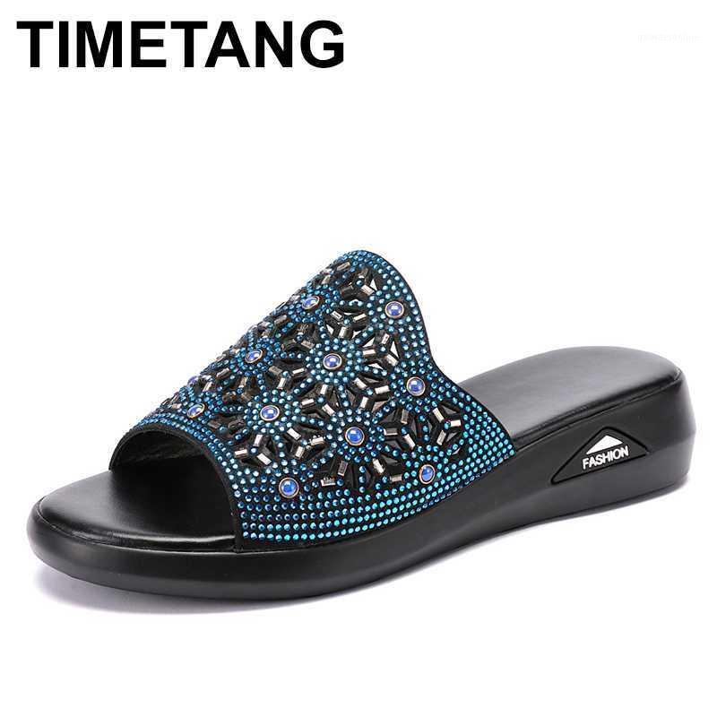 

TIMETANG 2020 diamond ladies summer genuine leather sandals shoes women high heels fashion wedge summer shoes size 35-411, Black