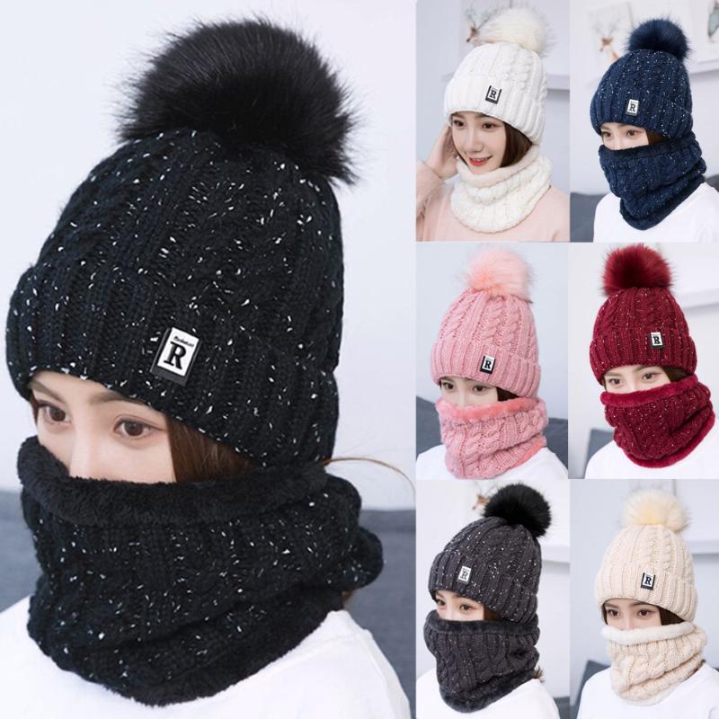 

2020 New Beanies Knitted cap 2Pcs harajuku Women Winter Warm Knitted Venonat Beanie Hat+Scarf Keep Warm Set pompom hip hop, Blue;gray