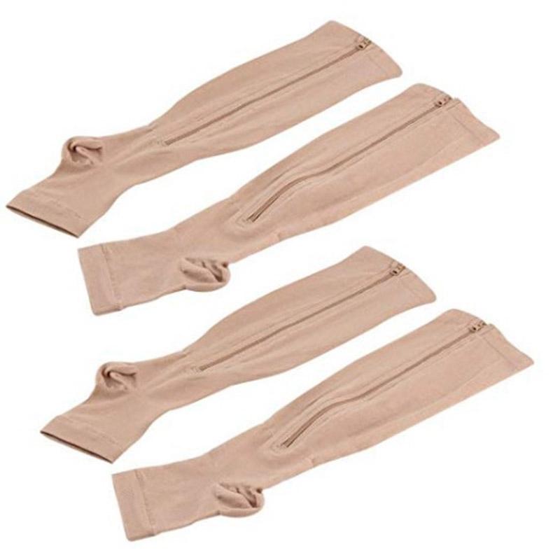 

2 Pairs Compression Socks Men/Women Open Toe Leg Support Stocking Knee High Socks With Zipper 15-20 Mmhg, Beige