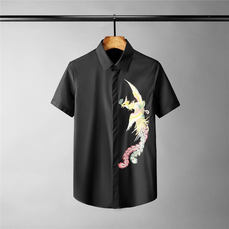 

Classic Solid Color Mens Shirts Luxury 3d Embroidery Short Sleeve Mens Dress Shirts 3XL 4XL Slim Fit Party Male, White