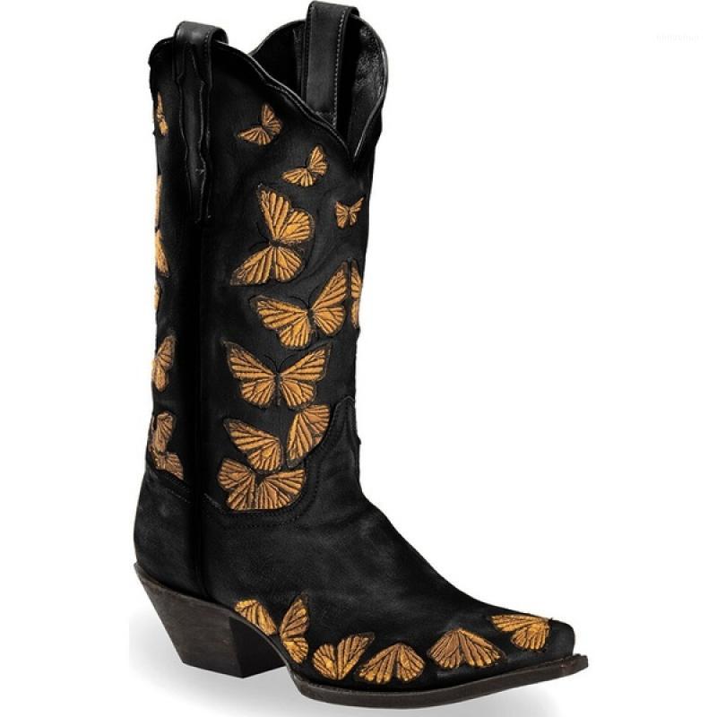 

Dihope Women's Mid-calf High Boots Butterfly Embroidered Western Cowgirl Boots Vintage Distressed 3cm High Heel Ladies1, Brown