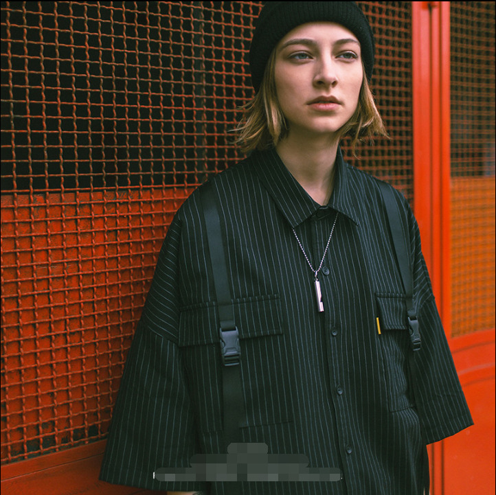 

2021 New Popular Striped Male Female Oversize Mid-sleeve Streamers Shirt with Short Sleeves MAP3, Black