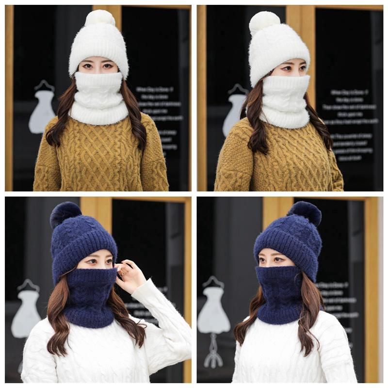 

Fashion Scarf Hat Set For Women Winter Warm Solid Pompoms Knitted Caps, Yw
