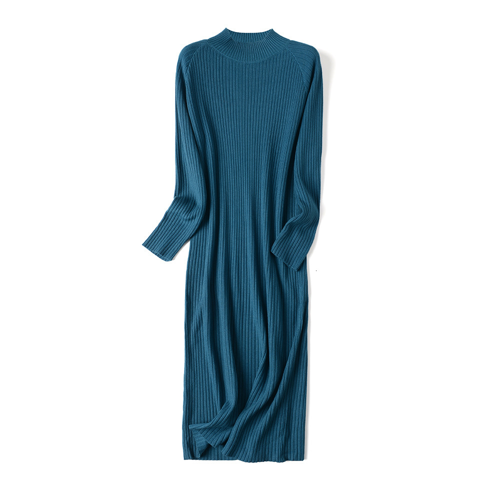 

2021 New Thick Autumn Winter Straight Sweater Warm Chic Basic Knit Women Loose Midi Female Casual Dress T4nx, Lake blue